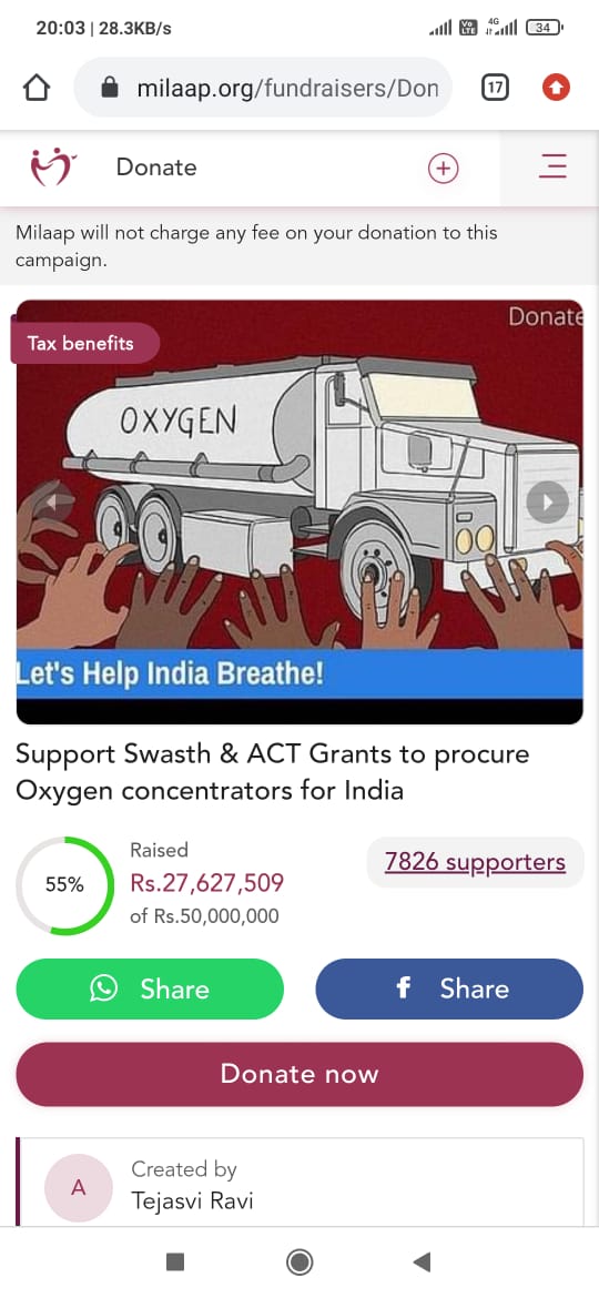 milaap oxygen donation